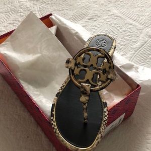 NIB Tory Burch Metal Miller sandals.